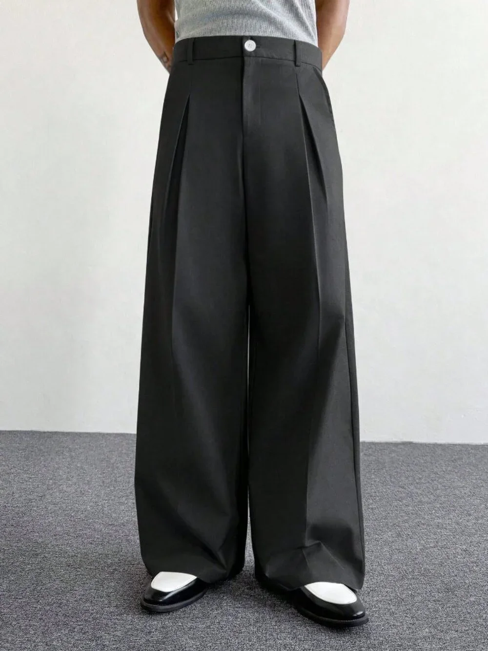 Black Casual Men's Loose Zipper Fly Button Pocket Wide Leg Trousers